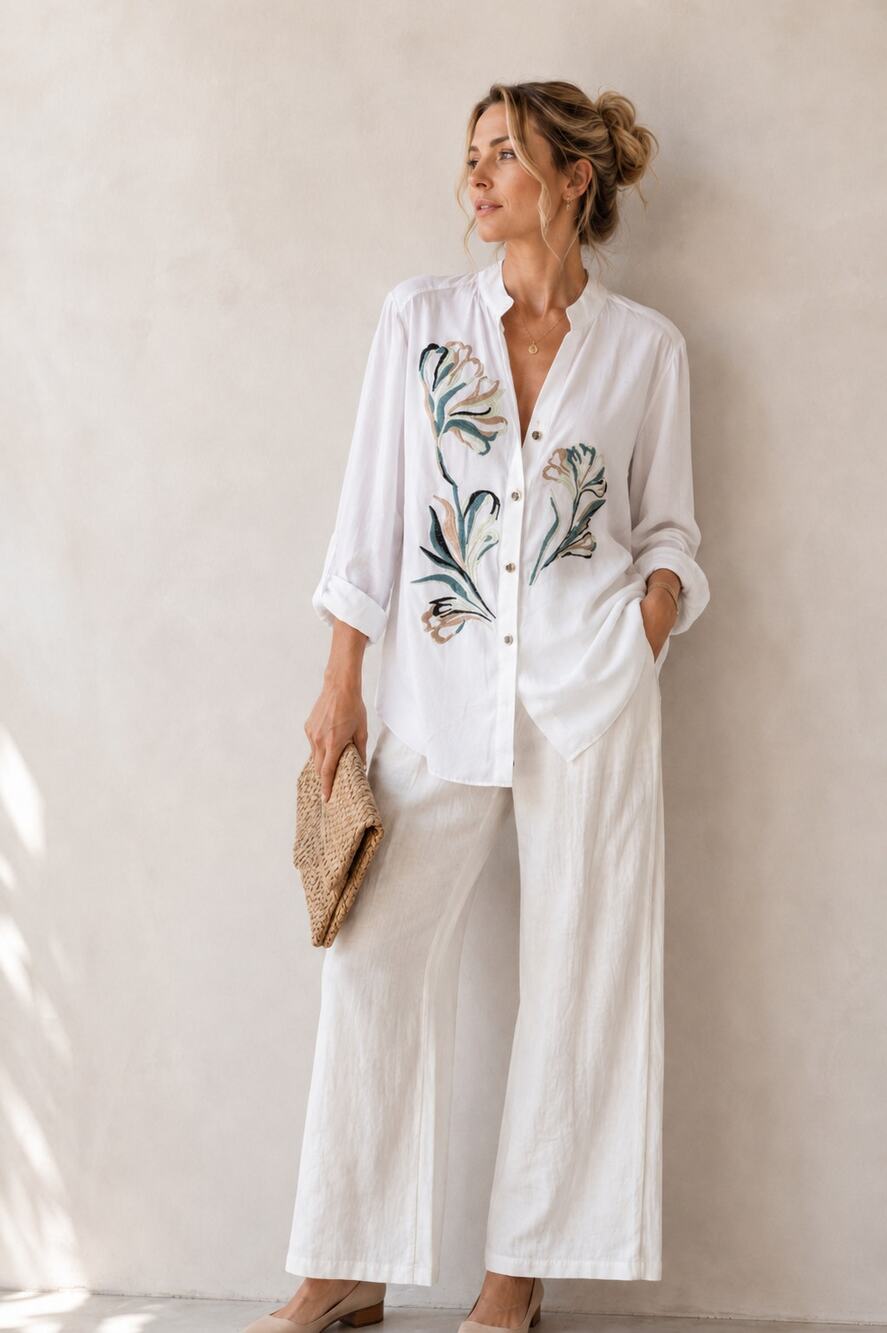 Misook White Embroidered Floral Button Down Blouse Womens XL Casual Shirt